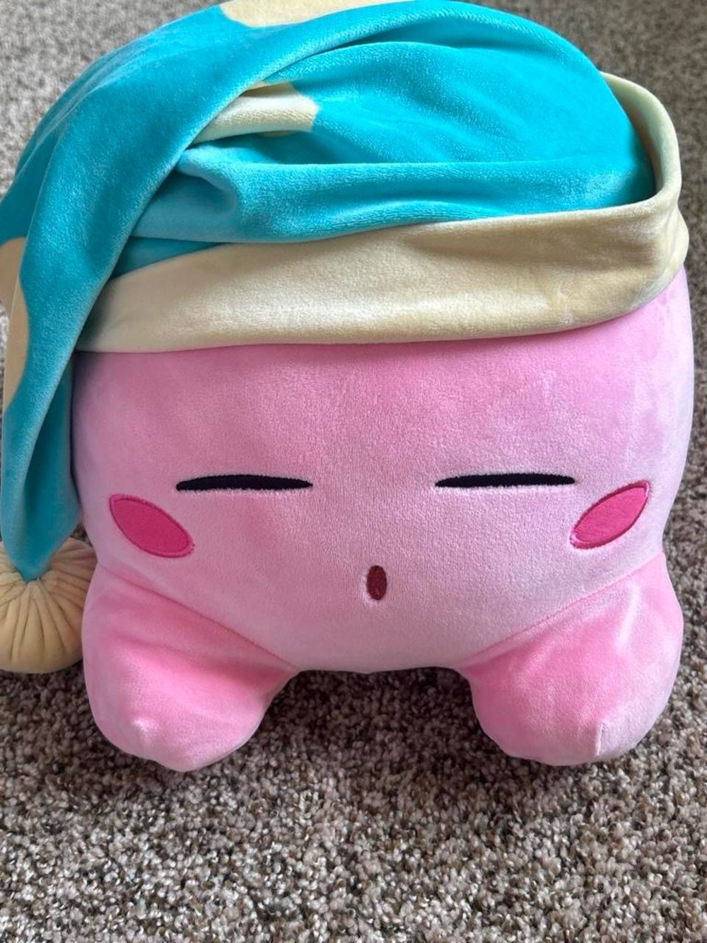 Plush Pink Sleeping Character Kids Pillow with Blue Cap